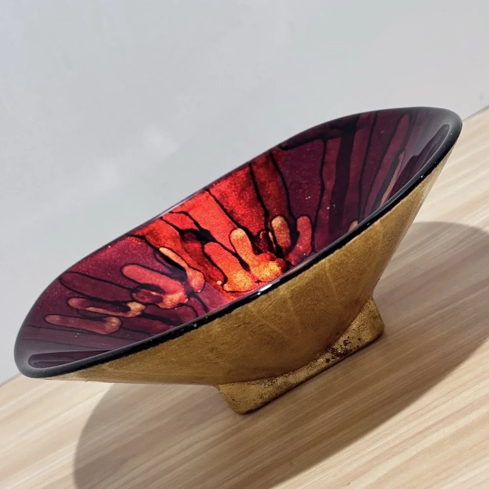 VTG Bowl Red Gold Black Enamel On Glass Underside Gold Foil Paint Italy Pier 1